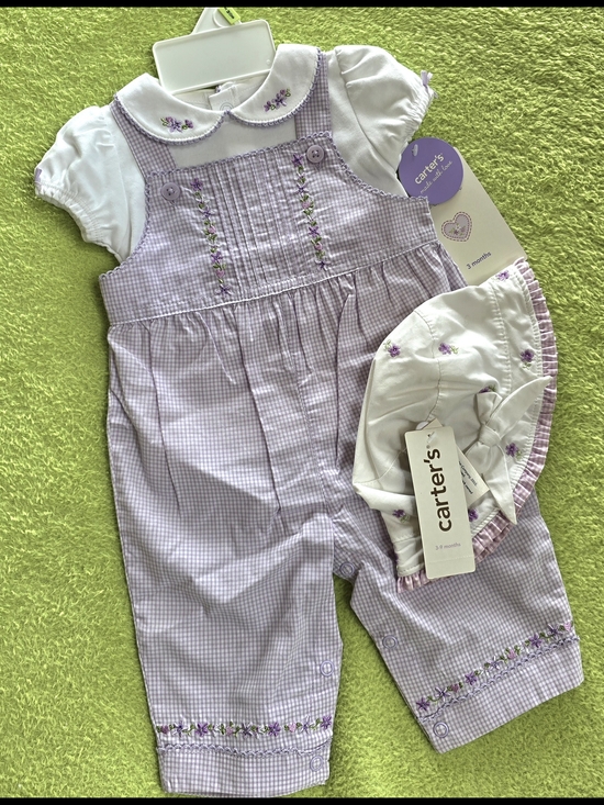 Carter's Other - NWT  0-3M Baby GIRLS Lilac Gingham Embroidered OVERALLS TOP + HAT SET (Q1)